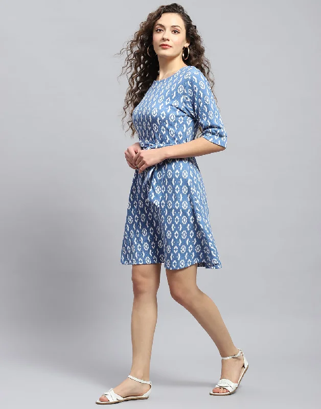 Women Blue Printed Round Neck Short Sleeve Dress