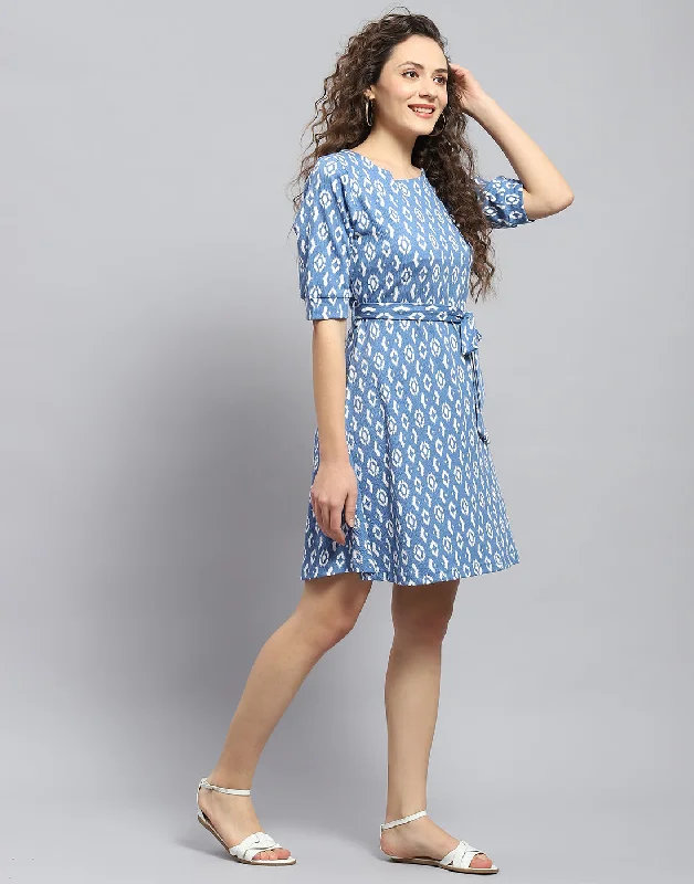 Women Blue Printed Round Neck Short Sleeve Dress