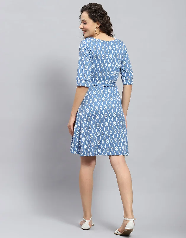 Women Blue Printed Round Neck Short Sleeve Dress