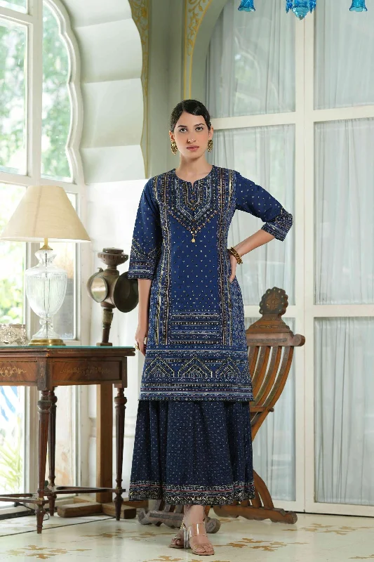 Indigo Chanderi Festive Printed Flared Kurta