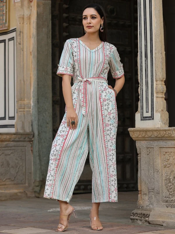 Skyblue Cotton Printed Straight Jumpsuit