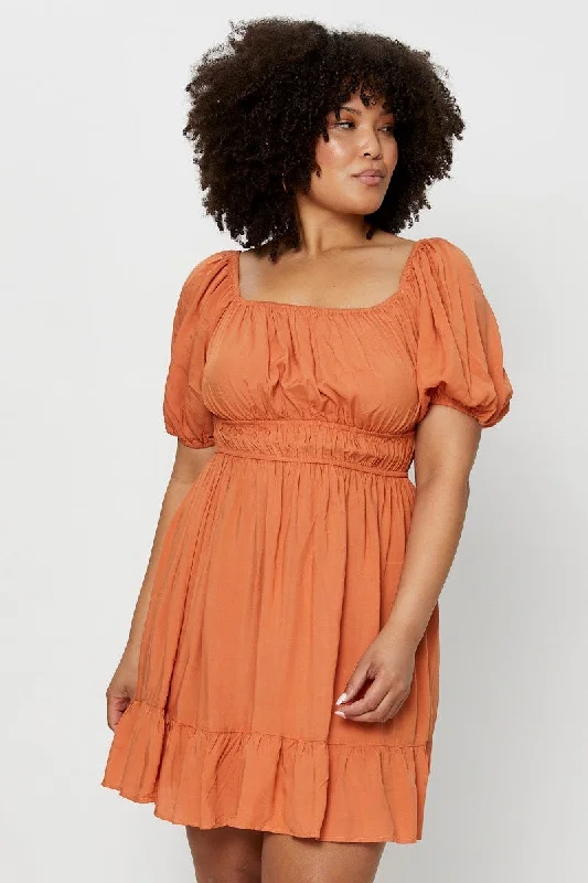 Brown Skater Dress Square Neck Puff Sleeve Shirred