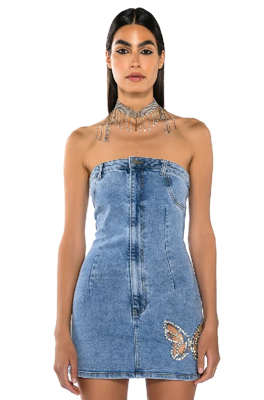 BUTTERFLY KISS EMBELLISHED DENIM MINI TUBE DRESS