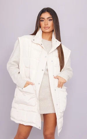 Cream Square Quilted Oversized Longline Vest