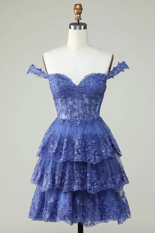 Cute A Line Dark Blue Corset Tiered Short Homecoming Dress with Lace