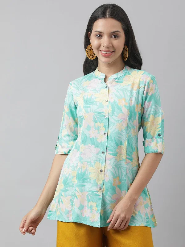 Sea Green Floral Printed Rayon A-line Shirt Style Top