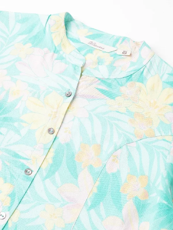 Sea Green Floral Printed Rayon A-line Shirt Style Top