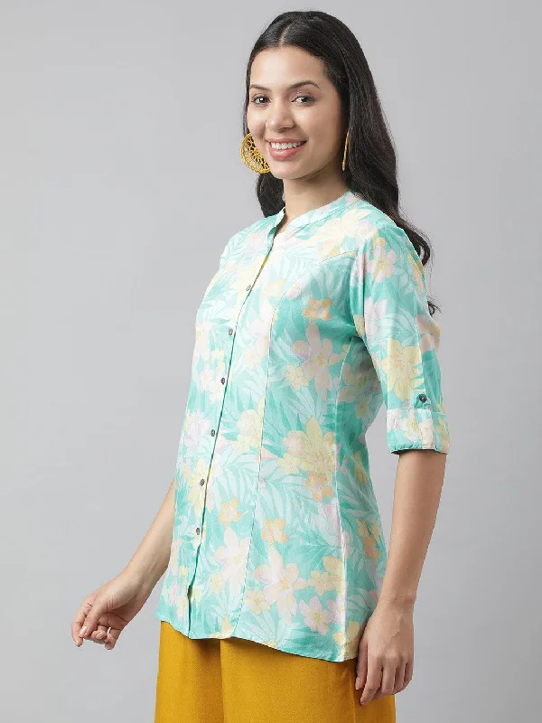 Sea Green Floral Printed Rayon A-line Shirt Style Top