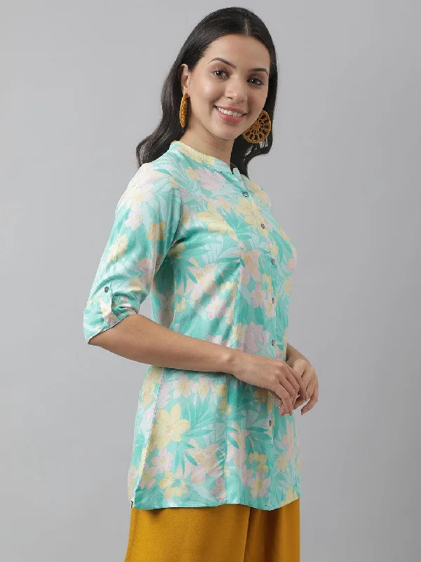 Sea Green Floral Printed Rayon A-line Shirt Style Top