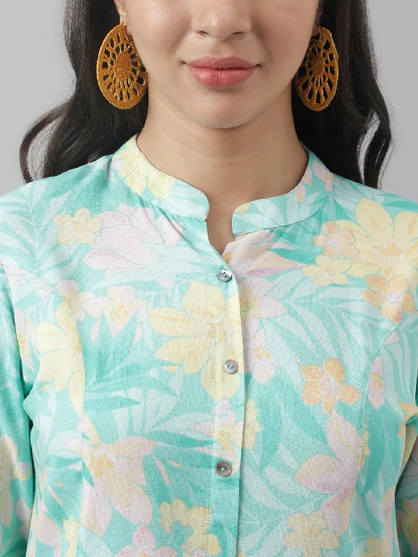 Sea Green Floral Printed Rayon A-line Shirt Style Top