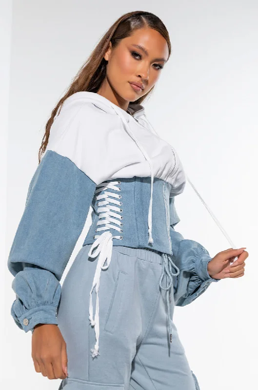 DENIM O'CLOCK CORSETED SWEATSHIRT