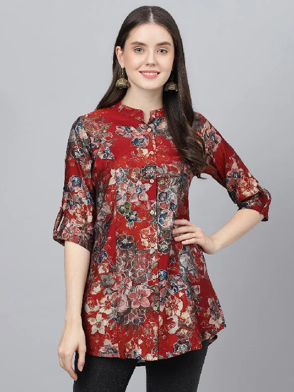 Maroon Floral Printed Modal A-Line Shirts Style Top