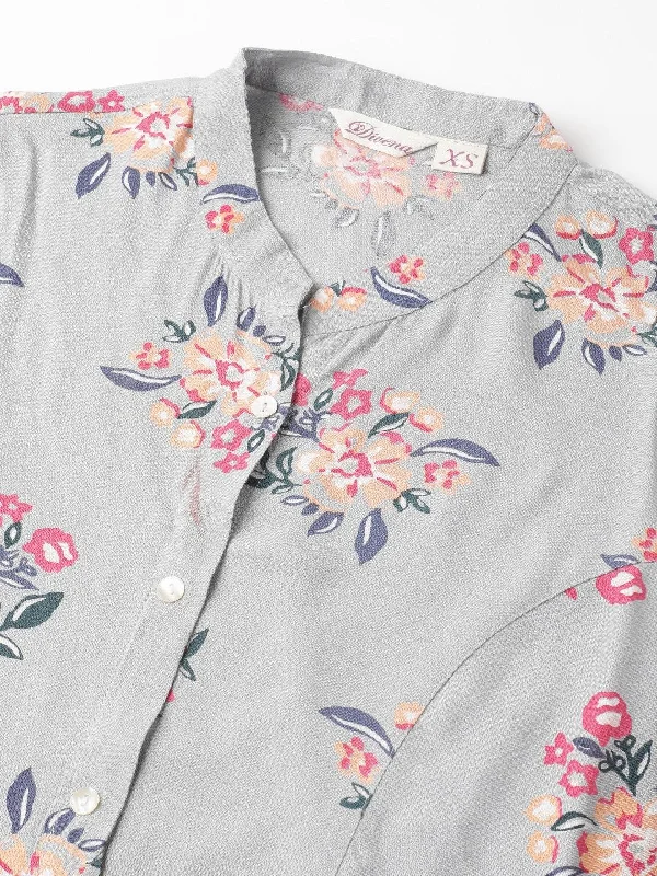 Gray Floral Printed Rayon A-line Shirt Style Top