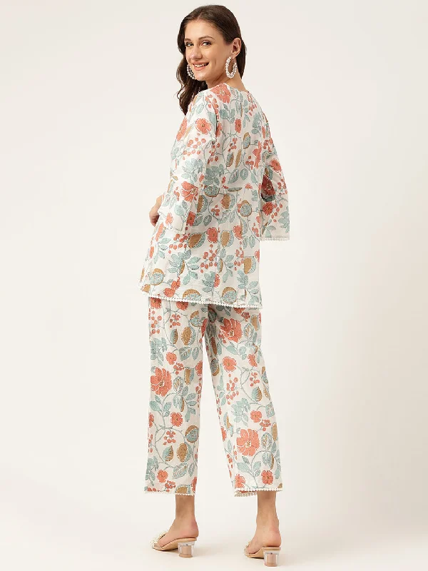 Women Floral Printed Pure Cotton Tunic With Trousers