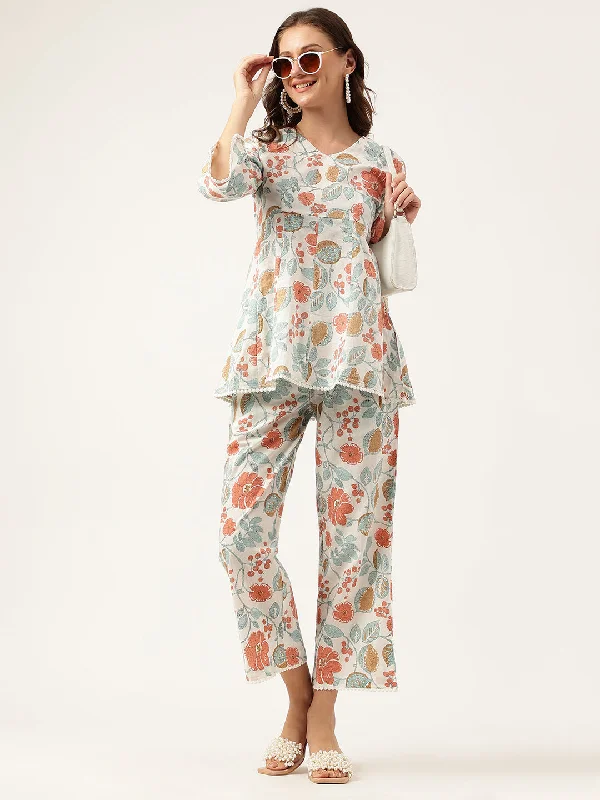 Women Floral Printed Pure Cotton Tunic With Trousers