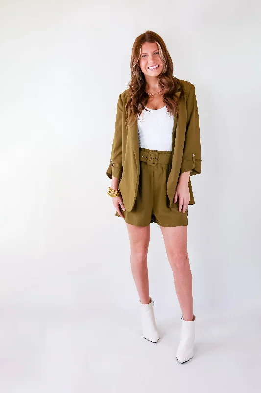 Fine Like Wine Belted Solid Shorts in Olive Green