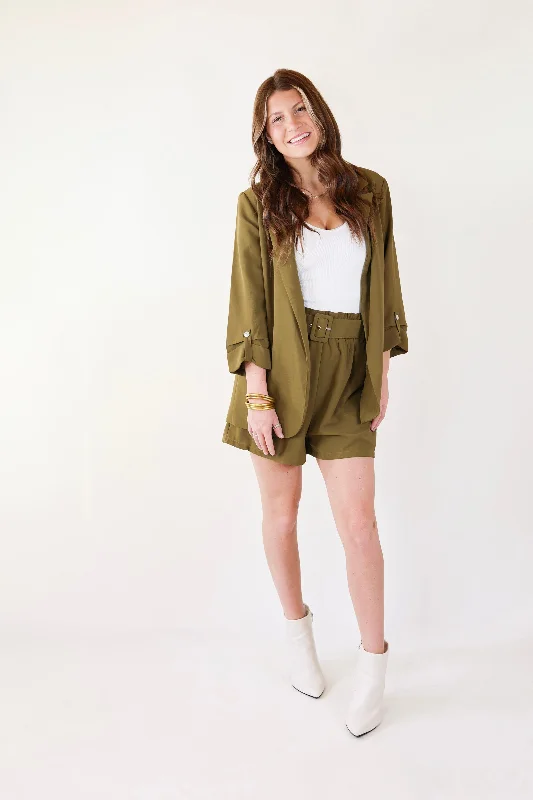 Fine Like Wine Belted Solid Shorts in Olive Green