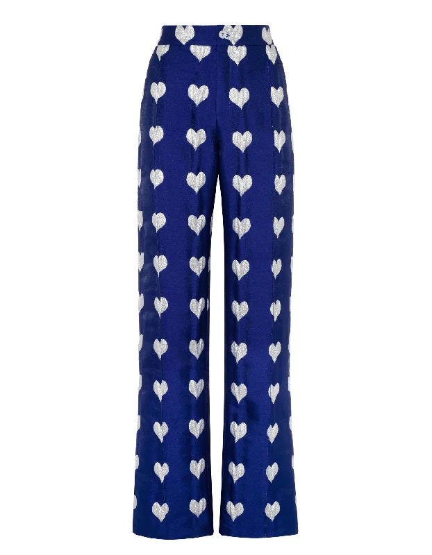 Hetty Blue Heart Print Silk Jacquard Trousers