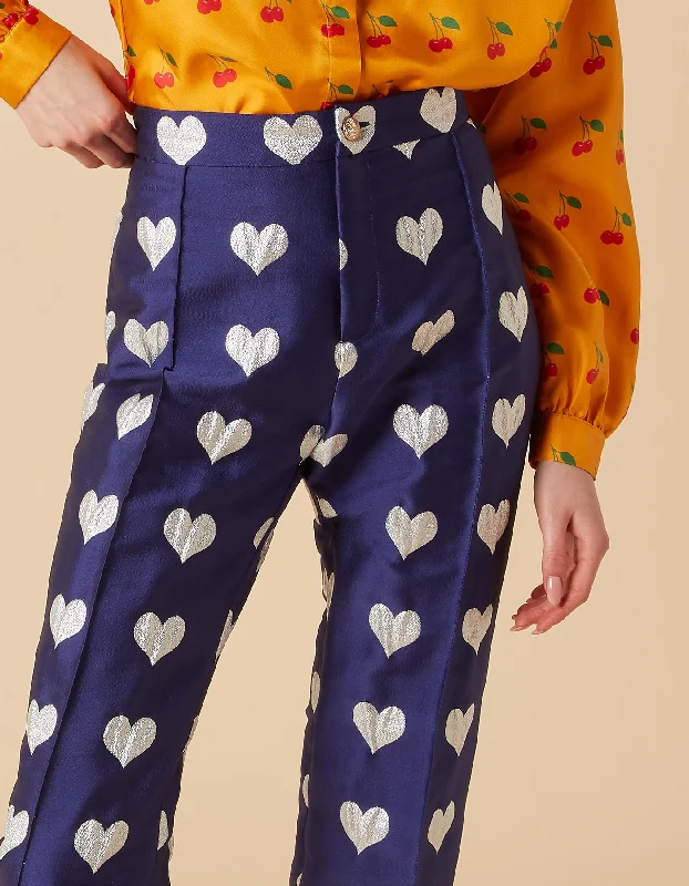 Hetty Blue Heart Print Silk Jacquard Trousers