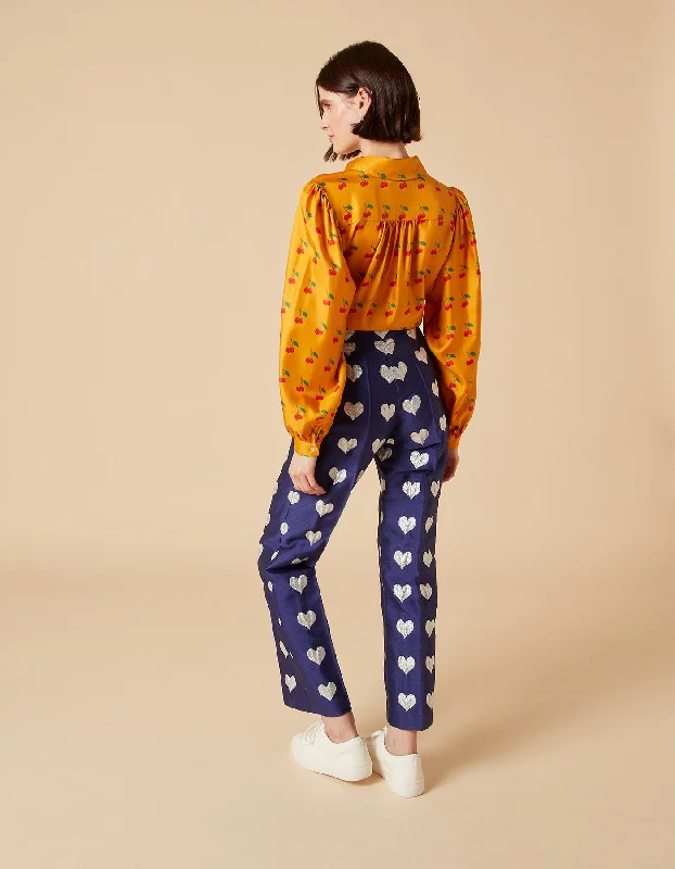 Hetty Blue Heart Print Silk Jacquard Trousers