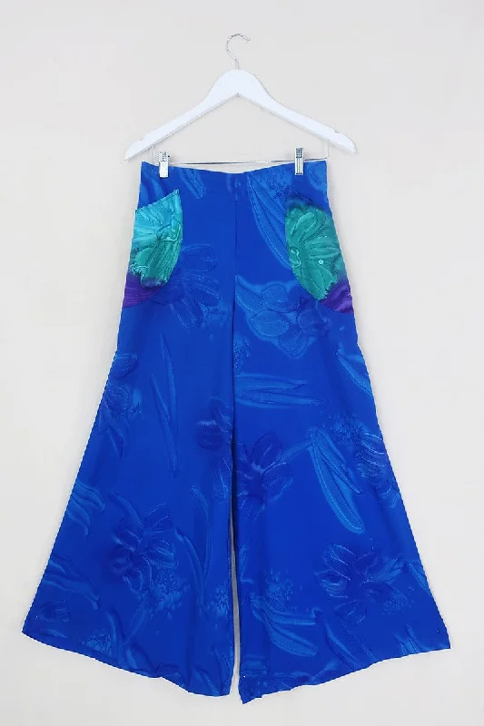 Joni High Waisted Flares - Vintage Sari - Blue Watercolour Floral - Free Size S/M