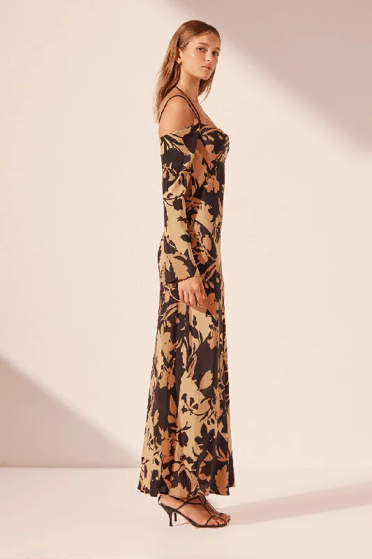 LAI SILK OFF THE SHOULDER TIE MAXI DRESS