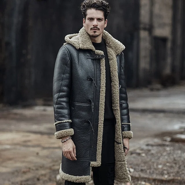 Men Genuine Leather Jacket Real Leather Fur Coats Long Man Original Ecological Sheepskin Coat Hood Shearling Winter Thick Parka