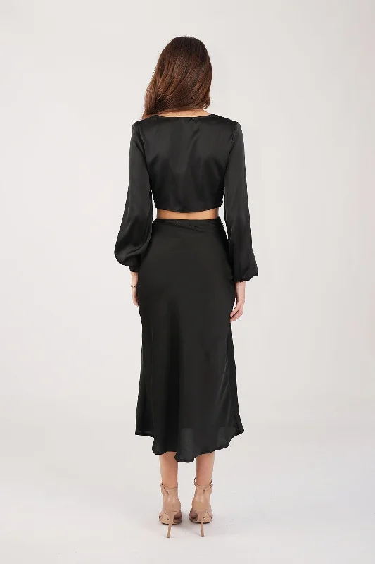 Quinn Satin Set - Long Sleeve Crop Top and Midi Skirt in Black