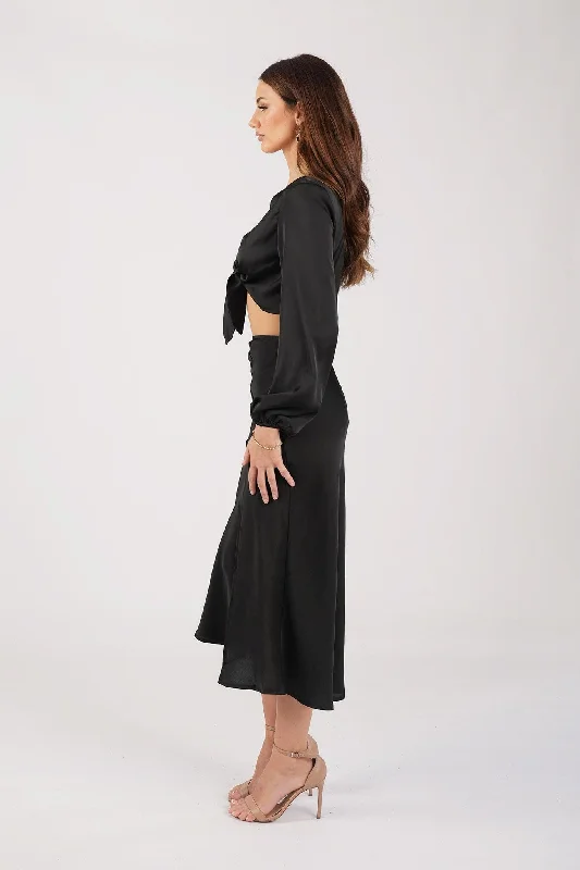 Quinn Satin Set - Long Sleeve Crop Top and Midi Skirt in Black