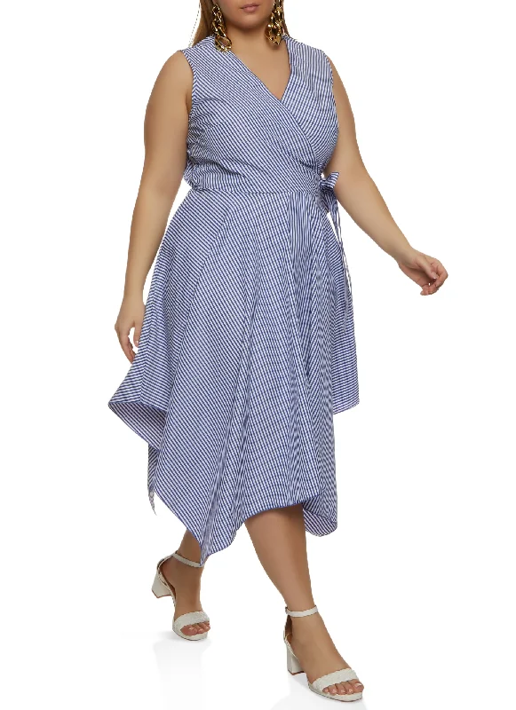 Plus Size Striped Sleeveless Faux Wrap Dress