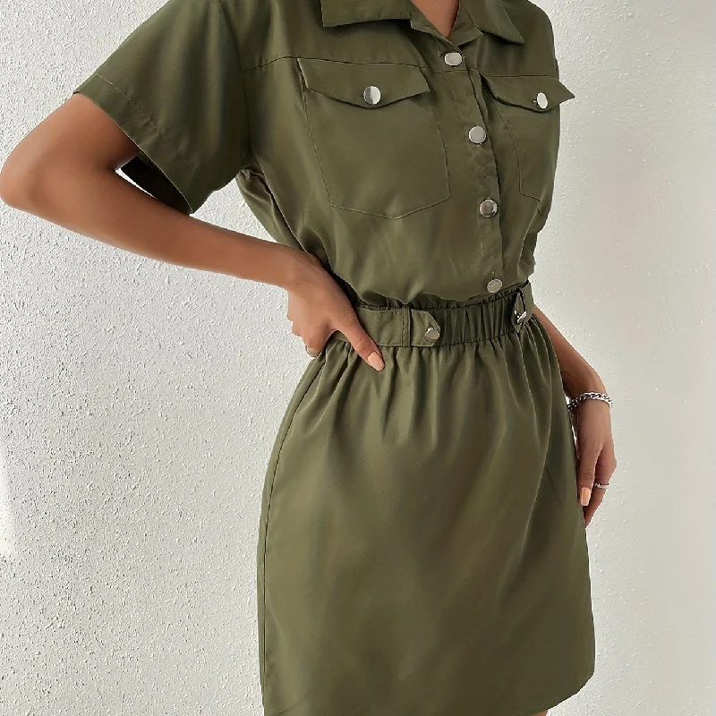 Sixsr Flap Pockets Lapel Cargo Dress, Casual Short Sleeve Elastic Waist Dress For Spring & Summer, Women's Clothing