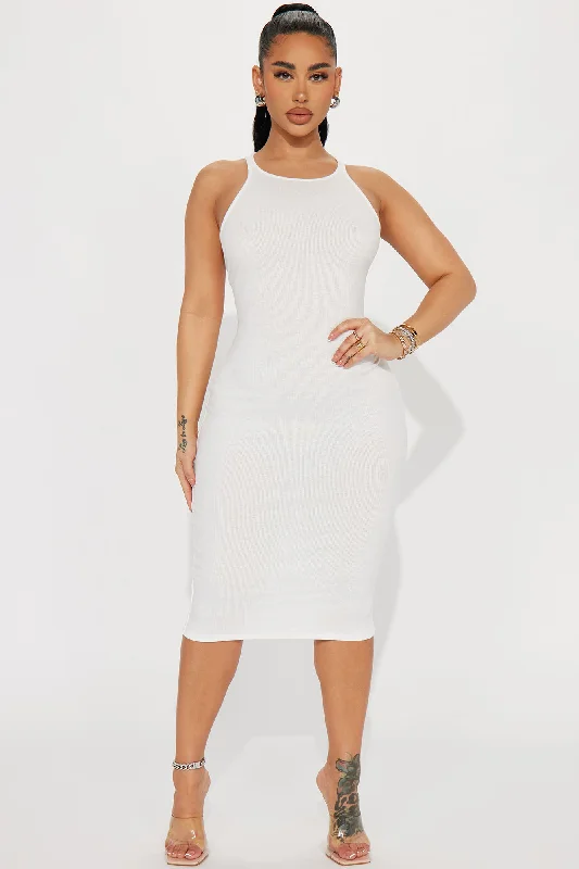 Sleek Chic Ribbed Midi Dress - White