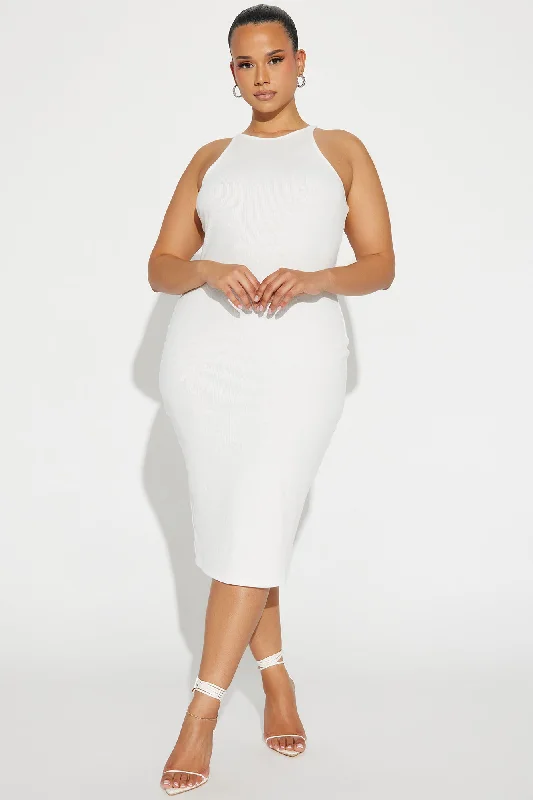 Sleek Chic Ribbed Midi Dress - White