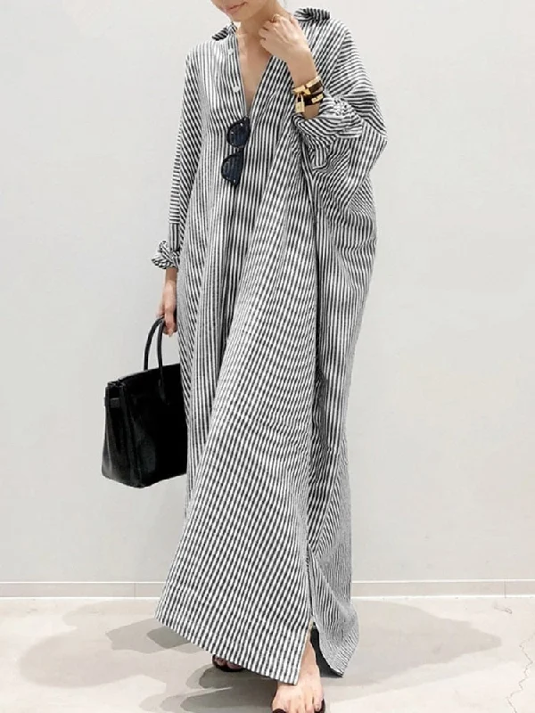 Summer New Dress Fashion Cotton Linen Striped Cardigan Loose Large Casual Temperament Commuter Irregular Women's Long Dress tops