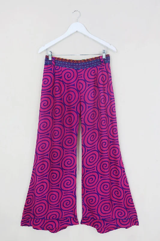 Tandy Wide Leg Trousers - Vintage Sari - Cerise & Purple Swirl - Free Size M/L