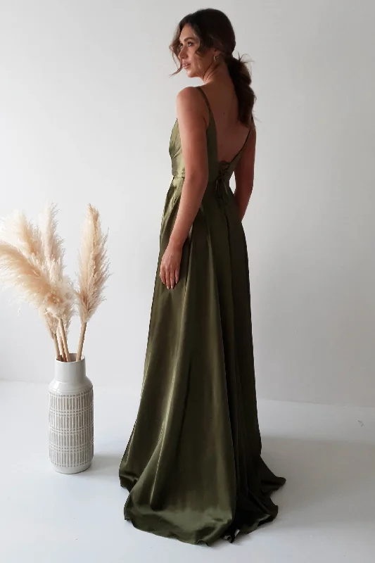 Velia Satin Maxi Gown | Dark Olive