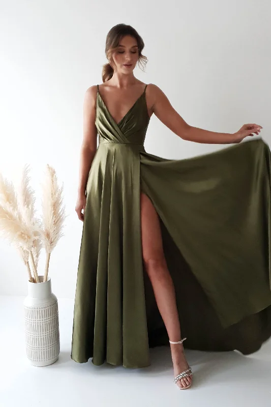 Velia Satin Maxi Gown | Dark Olive