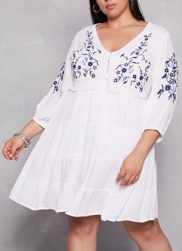 Plus Size Floral Embroidered Tiered Mini Dress