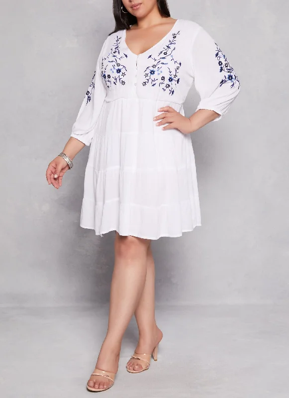 Plus Size Floral Embroidered Tiered Mini Dress