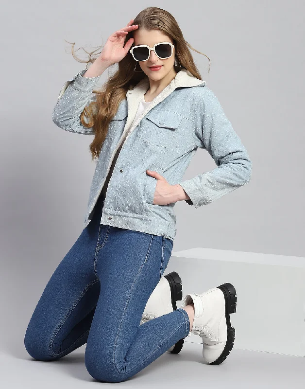 Women Blue Self Design Collar Full Sleeve Jacket