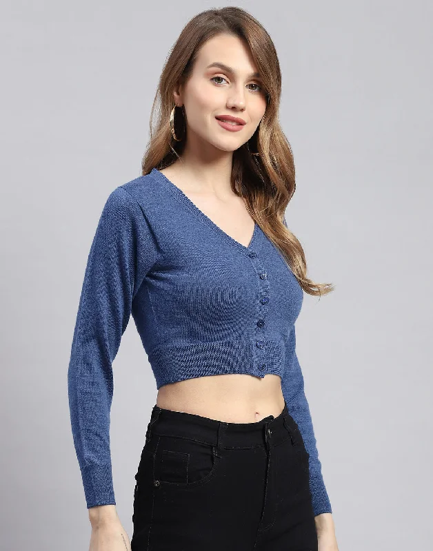 Women Blue Solid V Neck Full Sleeve Sweater