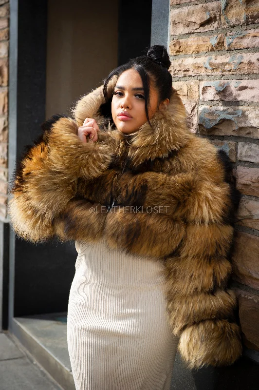 Women's Crop Raccoon Fur Bomber With Hood