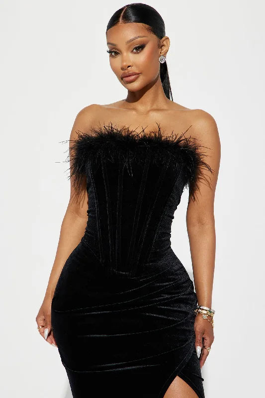 Angelica Feather Trim Velvet Gown - Black