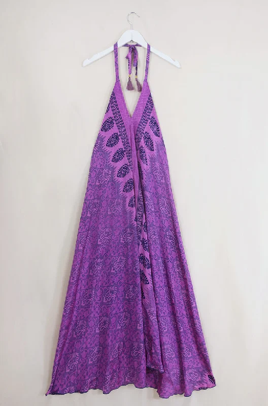 Athena Maxi Dress - Vintage Sari - Pink Night Sky Mosaic - Free Size S/M