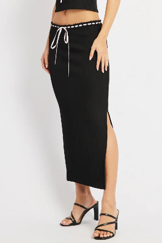 Black Midi Skirt High Rise Lace Detail Rib Jersey