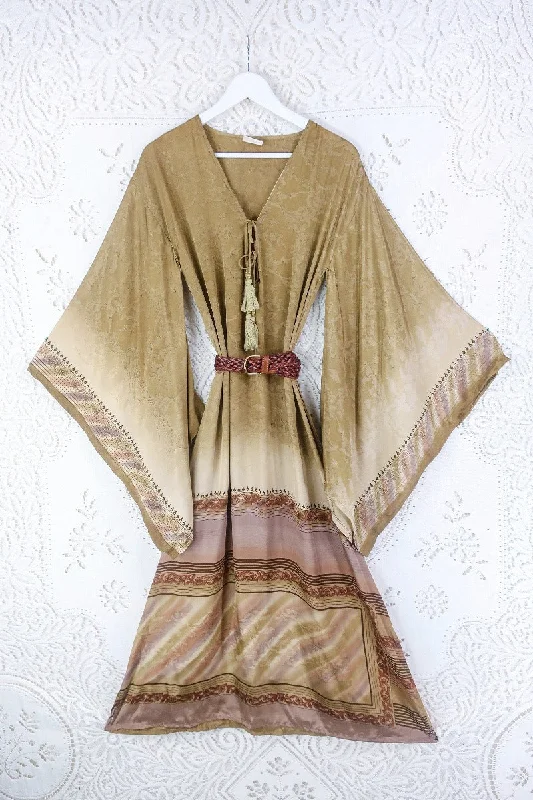 Cassandra Maxi Kaftan - Brown Sugar Floral Fade - Vintage Sari - Size S/M