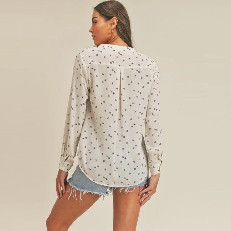 Front Pocket V Neck Printed Long Sleeve Blouse (Off White)