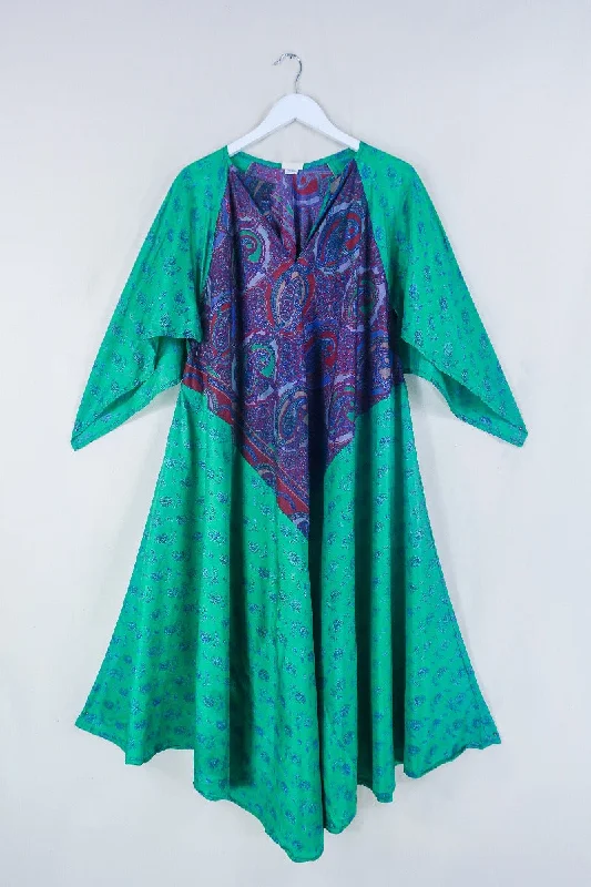 Goddess Dress - Midnight Lavender & Green Peacocks - Indian Pure Silk Sari - Free Size