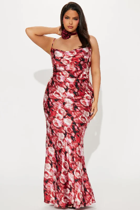 Hot Date Satin Maxi Dress - Burgundy