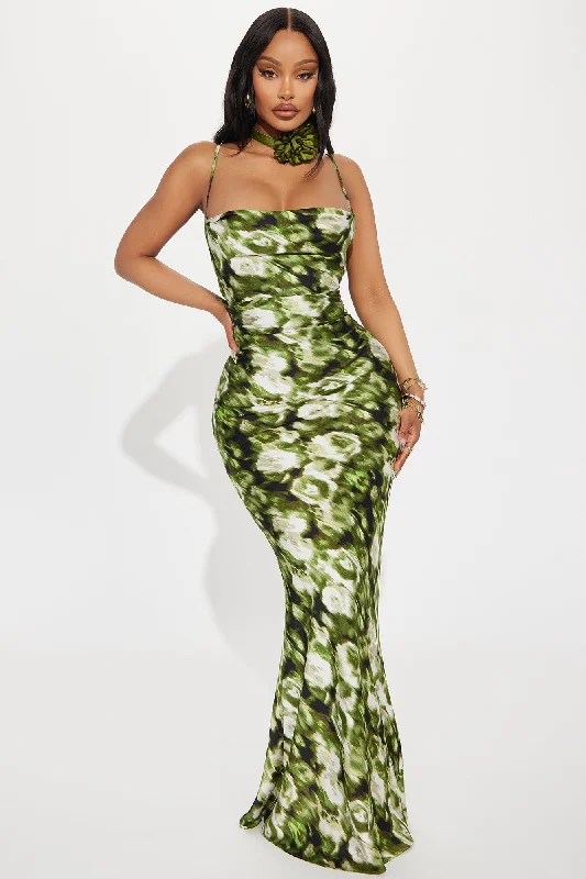 Hot Date Satin Maxi Dress - Olive